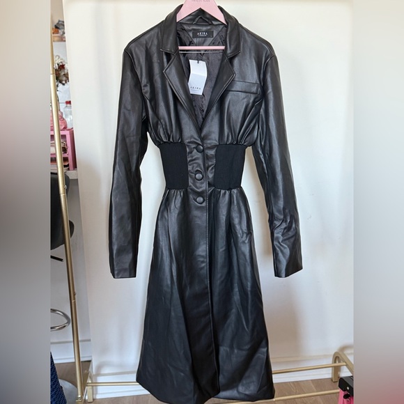 Black Faux Leather Fitted Trench Coat
